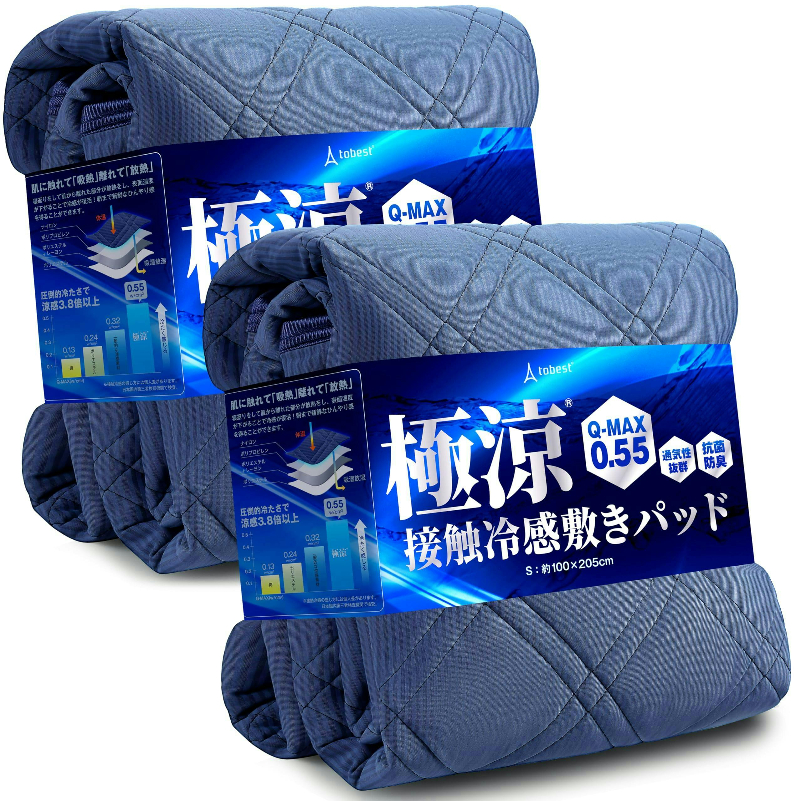 【夏先取り送料無料キャンペーン!】極涼 敷きパッド2枚セット リバーシブル 接触冷感  抗菌 消臭 防ダニ 吸水速乾 ブルー シングル100x205cm