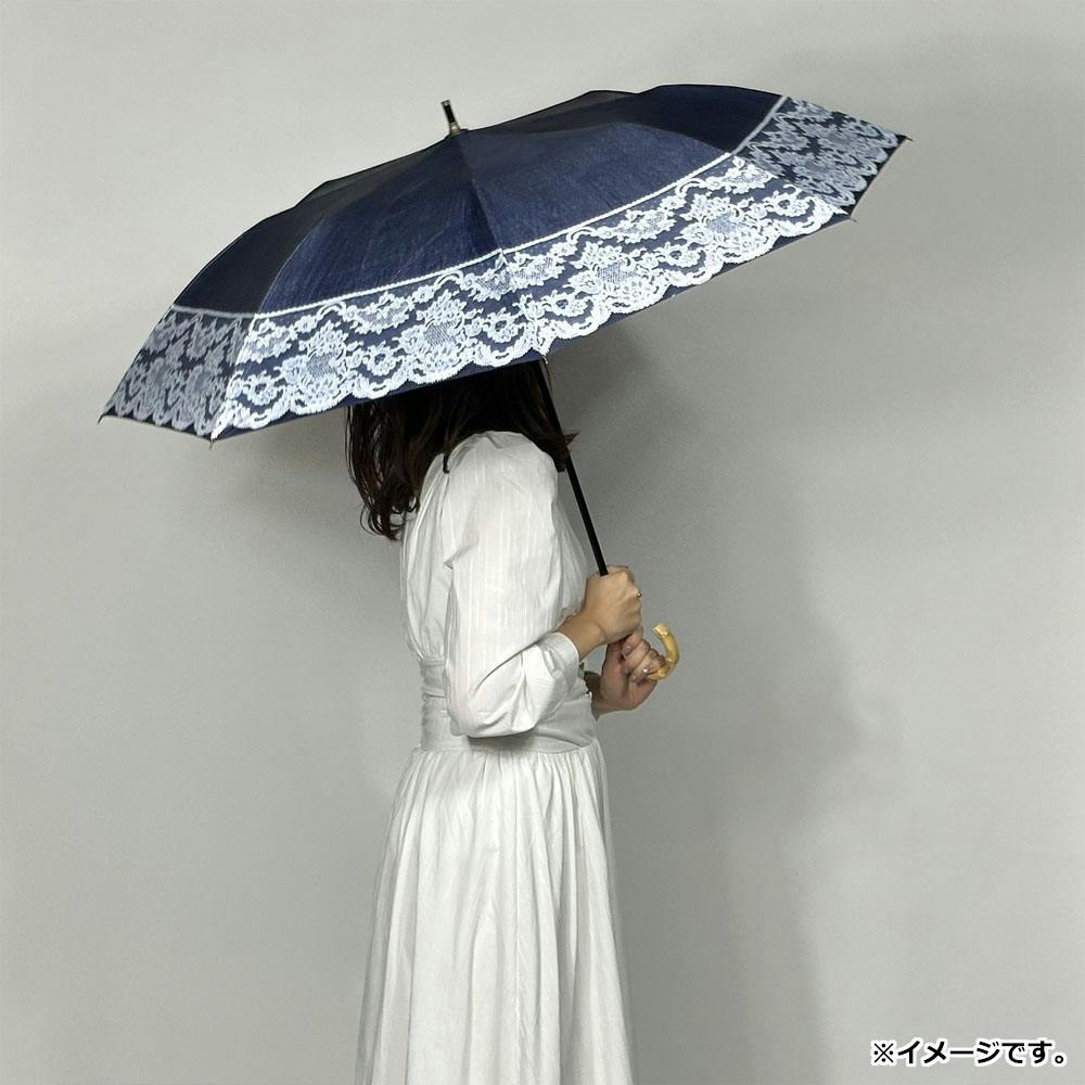 晴雨兼用ショートワイド傘 リネン風無地×リバーレースプリント