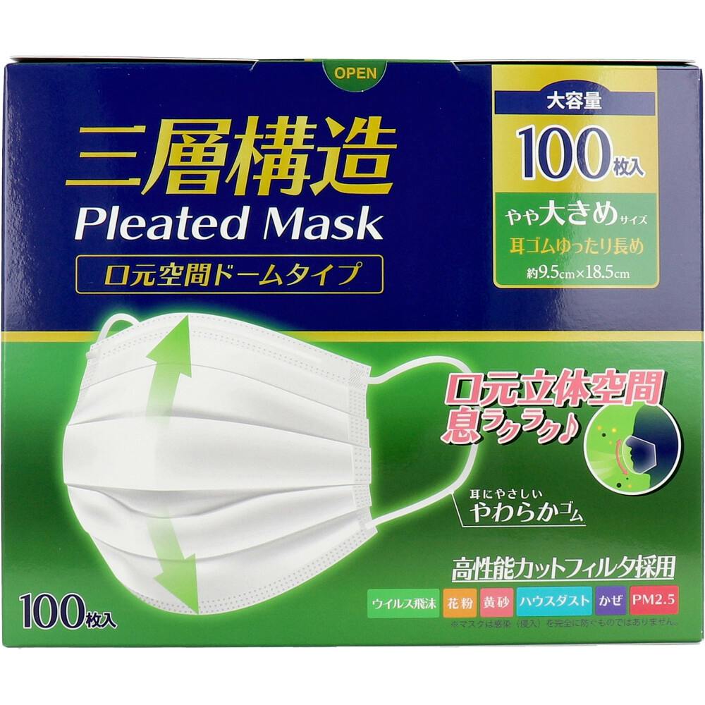 三層構造プリーツマスク 口元空間ドームタイプ やや大きめサイズ 大容量 100枚入 ×1点【送料込み】 ＃4589596695884