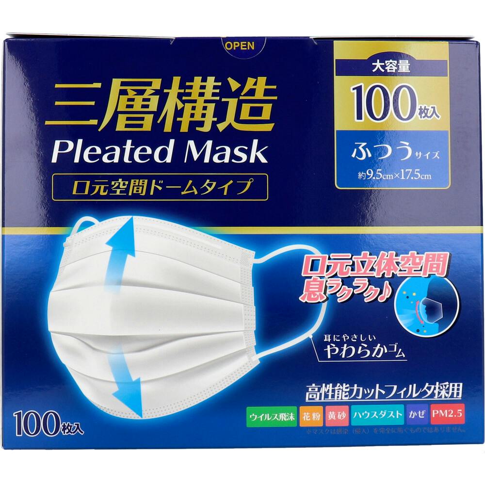 三層構造プリーツマスク 口元空間ドームタイプ ふつうサイズ 大容量 100枚入 ×1点【送料込み】 ＃4589596695891