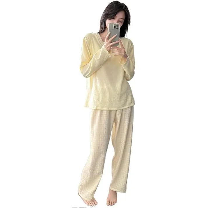 パジャマ レディース 可愛いパジャマ - 部屋着 レディース 綿 春 夏 秋 長袖 上下セット ワイドパンツ 部屋着 ゆったり 肌に優しい