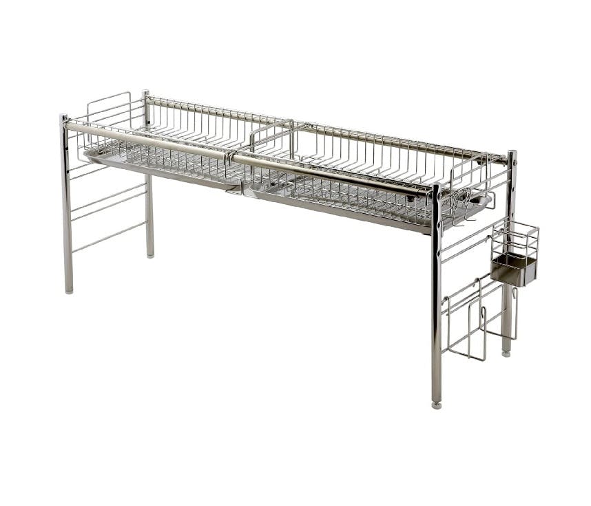 22402【SK-2402】シンク上 伸縮式 システム 水切りラック 奥行28cm 1段 ステンレス カトラリーケース 付き 燕三条製 頑丈 安心耐荷重 10kg 水切り 水切りカゴ シンク上 シンクサイド 省スペース 日本製 大容量 幅伸縮 シンクの上に設置