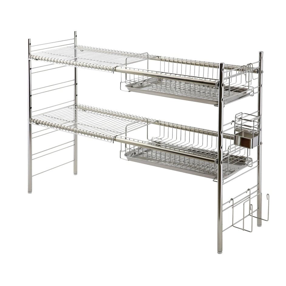 22403【SK-2403】シンク上 伸縮式 システム 水切りラック 奥行28cm 2段 ステンレス カトラリーケース 箸立て付属 燕三条製 頑丈 耐荷重 20kg 網棚 水切りカゴ 食器かご シンク上 省スペース 幅伸縮 高さ変更 日本製 大容量 シンクの上に設置