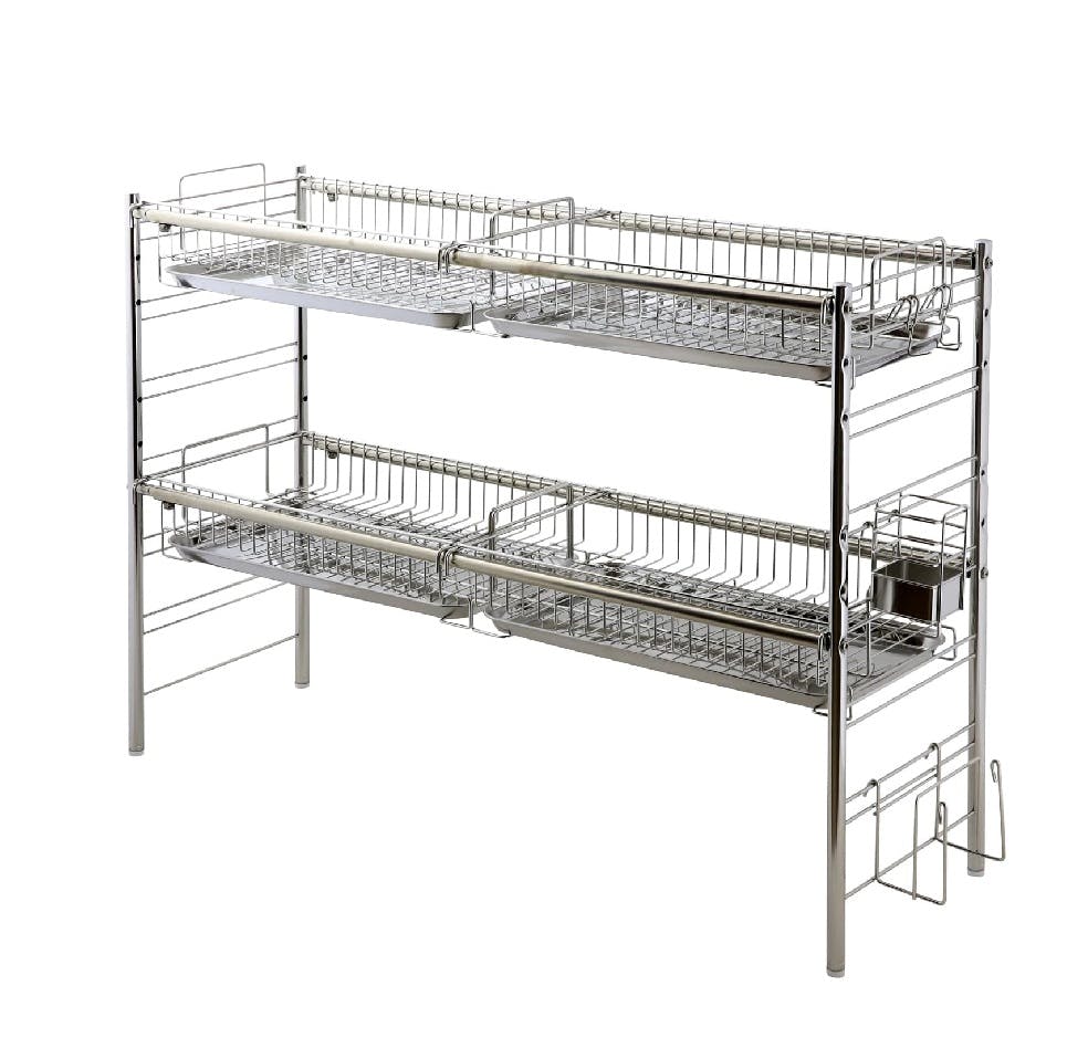 22422【SK-2422】シンク上 伸縮式 システム 水切りラック 2段 バスケット4個 ワイド まな板収納ホルダー カトラリーケース 付き 燕三条製 頑丈 安心 耐荷重 20kg 水切り 水切りカゴ シンク上 シンクサイド 省スペース 大容量 幅伸縮 日本製