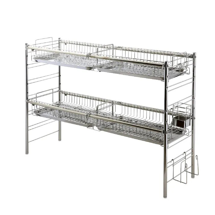 22422【SK-2422】シンク上 伸縮式 システム 水切りラック 2段 バスケット4個 ワイド まな板収納ホルダー カトラリーケース 付き 燕三条製 頑丈 安心 耐荷重 20kg 水切り 水切りカゴ シンク上 シンクサイド 省スペース 大容量 幅伸縮 日本製