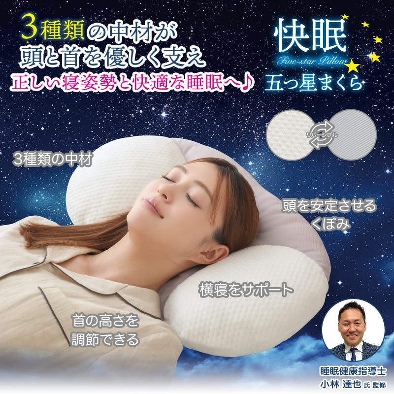 【快眠五つ星まくら ホワイト（グレー）リバーシブル 約30×54×11cm】 ちあふる 3種中材 正しい寝姿勢 くぼみ形状 横寝サポート 首高調整 リバーシブルカバー Q-MAX0.45以上 JAN:4571414696449