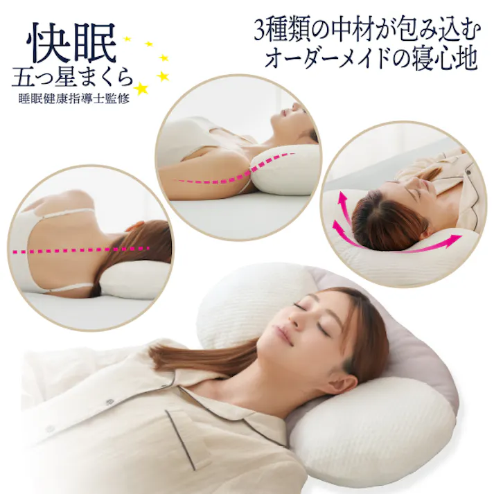 【快眠五つ星まくら ホワイト(グレー)リバーシブル 約30×54×11cm】 ちあふる 3種中材 正しい寝姿勢 くぼみ形状 横寝サポート 首高調整 リバーシブルカバー Q-MAX0.45以上 JAN:4571414696449