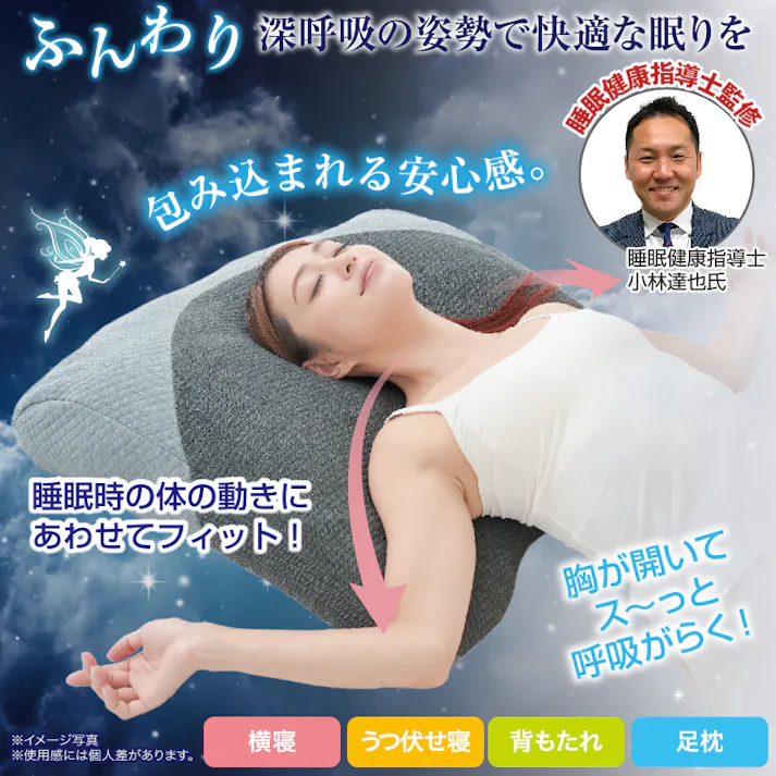 【超熟プレミアム深層呼吸まくら グレー 約63×60×15cm】 ちあふる 深呼吸サポート 2層構造 体圧分散 大きめ 横寝 うつ伏せOK カバー洗濯 抗菌防臭 JAN:4571414697859