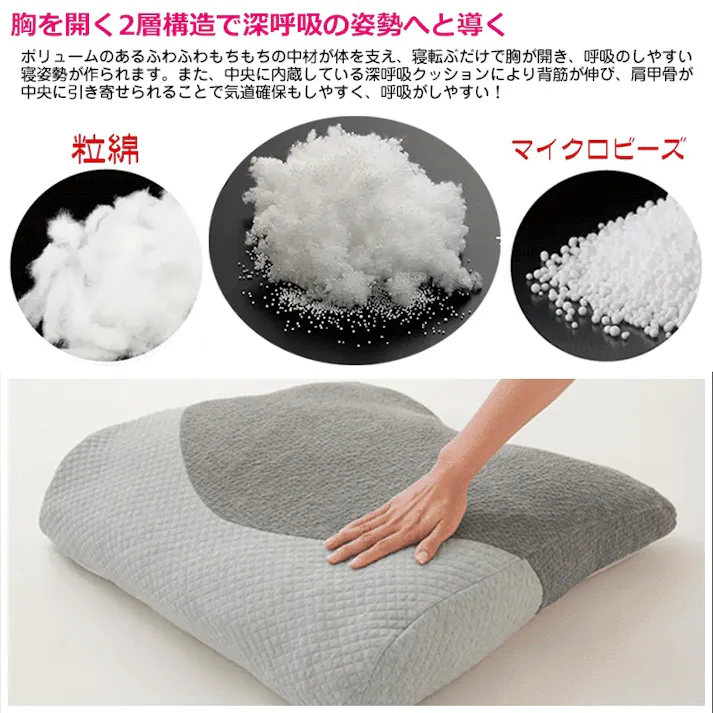 【超熟プレミアム深層呼吸まくら グレー 約63×60×15cm】 ちあふる 深呼吸サポート 2層構造 体圧分散 大きめ 横寝 うつ伏せOK カバー洗濯 抗菌防臭 JAN:4571414697859