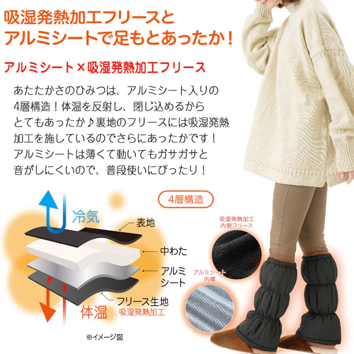【HOTαアルミ入りあったかレッグウォーマー 適応30~40cm】 ちあふる アルミシート 吸湿発熱 フリース 4層構造 中わた ふんわり 静音 普段使い 防寒 丸洗い JAN:4571414692434