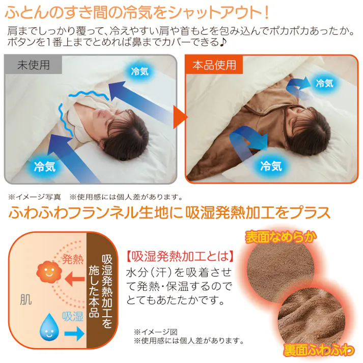 【HOTα肩首あったかおやすみウォーマー ブラウン 約98×62×1.5cm】 ちあふる 睡眠時の冷え対策 布団との隙間を埋める 吸湿発熱 肩冷え防止 肩まで暖か フランネル 軽量 ボタン式 丸洗い ズレにくい 節電 冬用 JAN:4571414694322