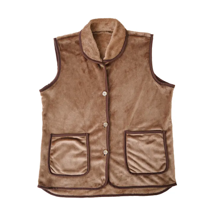 【HOTαあったかくつろぎベスト ブラウン 着丈約72cm お得な2個セット】 ちあふる 吸湿発熱 フランネル 軽量 ロング丈 えり付き ポケット 丸洗い 節電 冬用 JAN:4571414694421