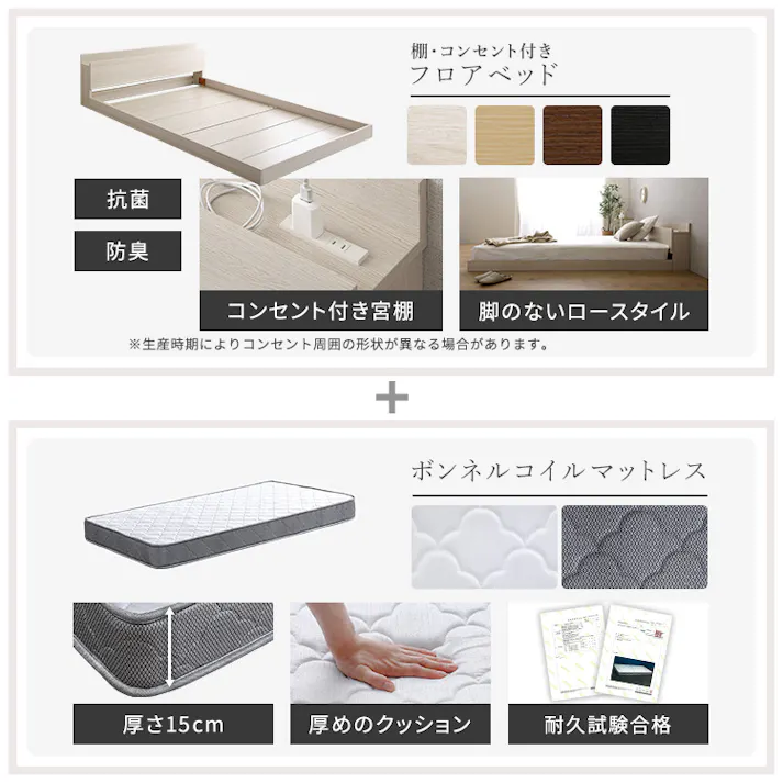 デザインフロアベッド ボンネルコイルマットレスセット(ダブル)/カラー:オーク/シルバー/お客様組み立て #mod-brm-d--oaksl 【4535306261788】※布団、枕等は付属しません【送料込み】