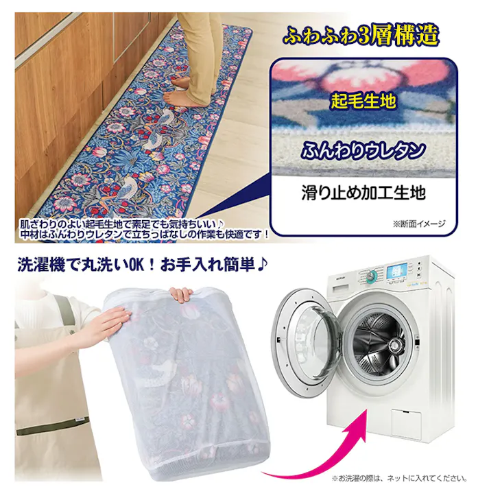 【モリス 洗えるキッチンマット 45×240(cm)】 ちあふる ワイドに汚れガード 洗える 撥水 滑りにくい 速乾 台所 おしゃれ 北欧調 4571414695947