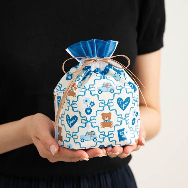 ヘッズ ラッピング袋 巾着 W180×D80×H180mm ブルー 20枚 リボン