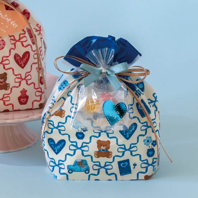 ヘッズ ラッピング袋 巾着 W180×D80×H180mm ブルー 20枚 リボン