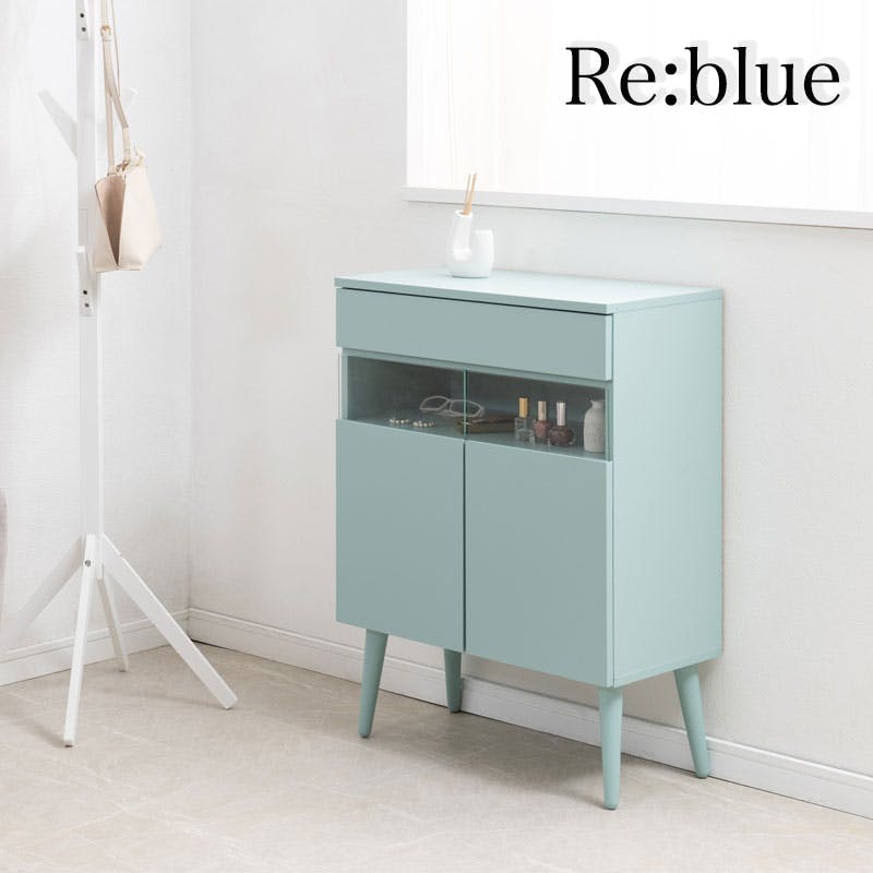 【Re:blue】幅60.5 奥行30 高さ80.5 電話台 ターコイズブルー ルーター収納 キャビネット 収納 ファックス台 FAX台 ラック 棚 シェルフ 本棚 北欧 木製 おしゃれ 収納ラック 収納 家具 リビング 収納家具 引き出し 収納棚 扉付き ガラス 青