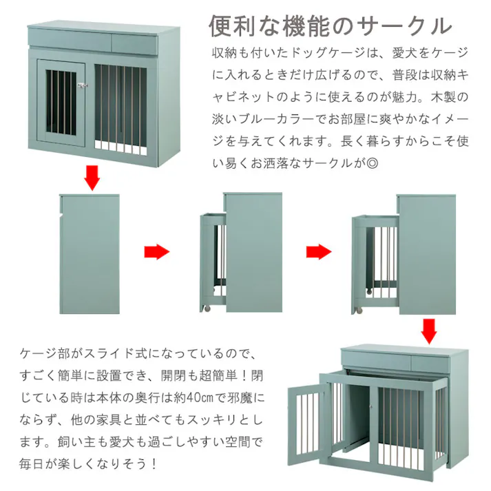【Re:blue】 幅90 奥行40 高さ80 収納付きスライド収納型ケージ ターコイズブルー 北欧 ペットケージ ペットサークル 省スペース 小型犬 中型犬 室内サークル スライド 背面化粧 犬 ペット用品 犬用品 犬小屋 ケージ 青 ペット pet