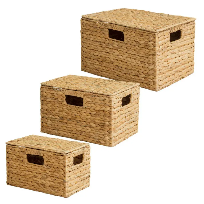 【スクエア3個セット(ふた付き)S・M・L】天然素材バスケット ウォーターヒヤシンス IW-12/カラー:ナチュラル 小物をすっきり収納 【送料込み】 #4943733872529