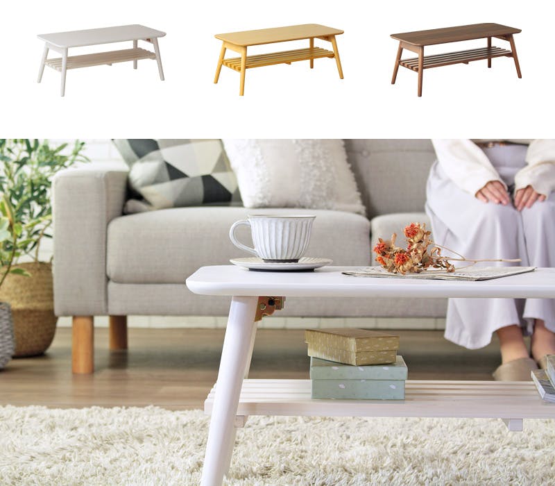 折りたたみテーブル棚付き 幅90 IW-4090／カラー：ホワイト／ 完成品