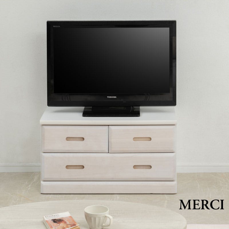 【MERCI】天然木でやさしい曲線加工の桐ベンチチェスト ホワイト 幅80 3杯 大引出しのみスライドレール付き 仕切り板付き 日本製 国産 収納 たんす 箪笥 アンティーク 衣類収納 新生活 一人暮らし