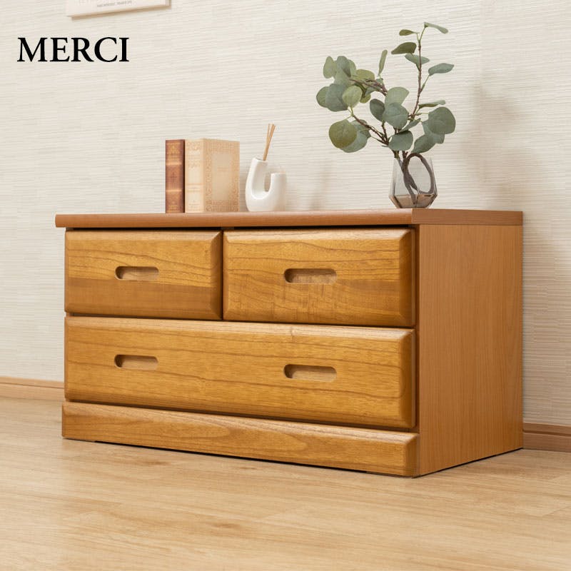 【MERCI】天然木でやさしい曲線加工の桐ベンチチェスト ライトブラウン 幅80 3杯 大引出しのみスライドレール付き 仕切り板付き 日本製 国産 収納 たんす 箪笥 アンティーク 衣類収納 新生活 一人暮らし