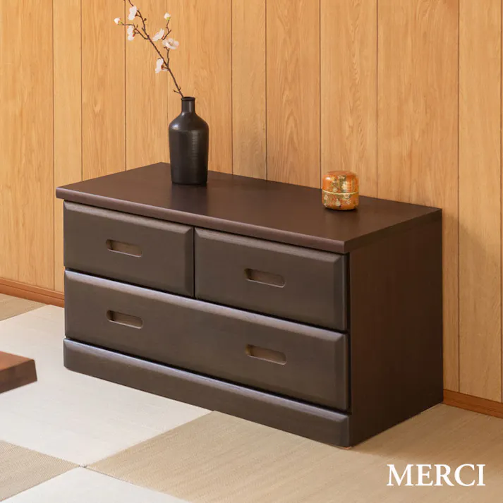 【MERCI】天然木でやさしい曲線加工の桐ベンチチェスト ダークブラウン 幅80 3杯 大引出しのみスライドレール付き 仕切り板付き 日本製 国産 収納 たんす 箪笥 アンティーク 衣類収納 新生活 一人暮らし