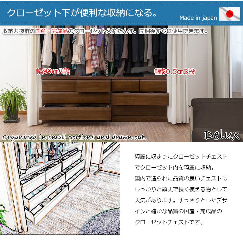 DELUX】シリーズ 天然木桐材のクローゼット 幅80 奥行40 3段 ダーク