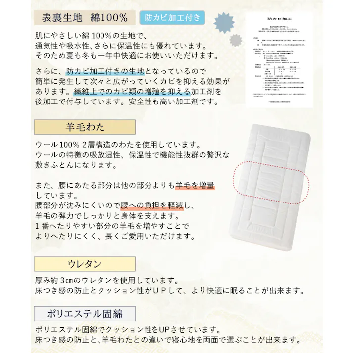 至福の眠り 3層構造羊毛敷きふとん シングル