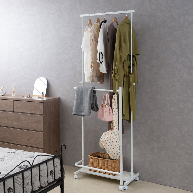 【TBAR】 高さ約200cmまで対応 高さ伸縮+回転ハンガー付きダブルハンガーラック お洒落なキャスター付きのハンガーラックとして新登場！ ブラウン ヴィンテージ スリム コートハンガー 省スペース 寝室 玄関 子供 洋服 キャスター付き 棚付き コート掛け