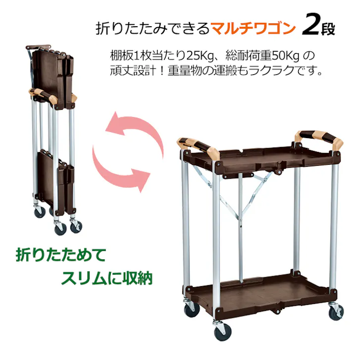 折りたたみワゴン 2段ワゴン キッチンワゴン ガーデニングワゴン 折りたたみ ワゴン キャスター付き スリム収納 フリーラック
