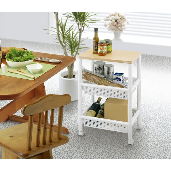 キッチンワゴン キャスター付き 軽量 ワゴン スリム 木製フラット天板 2段 天板付き バスケット カゴ かご ストッカー バスケットワゴン おしゃれ