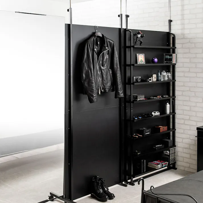 【BREAK】突っ張り間仕切りパーテーション スタンダードタイプ 幅90cm 日本製 黒 オールブラック ウォールラック 壁面収納 おしゃれ パーティション サロン 待合室 仕切り つっぱり テレワーク DIY 店舗 机仕切り