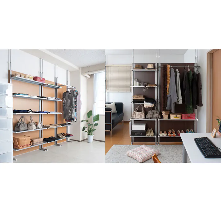 突っ張り間仕切りパーテーション幅60cm ハンガー+2段棚タイプ ダークブラウン 洋服ハンガー ワードローブ 洋服ラック 洋服かけ 洋服掛け クローゼット ハンガーラック おしゃれ ラダー ハンガー