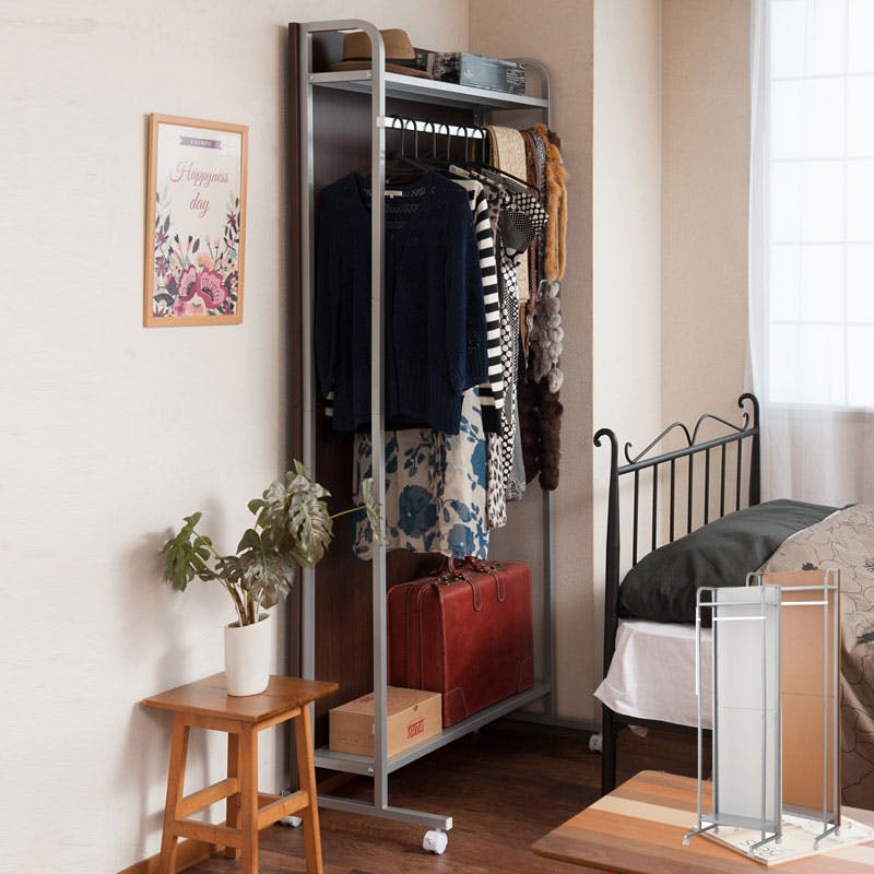 キャスター付きパーテーション幅60cm ハンガー+棚タイプ ダークブラウン 洋服ハンガー ワードローブ 洋服ラック 洋服かけ 洋服掛け クローゼット ハンガーラック おしゃれ ラダー ハンガー