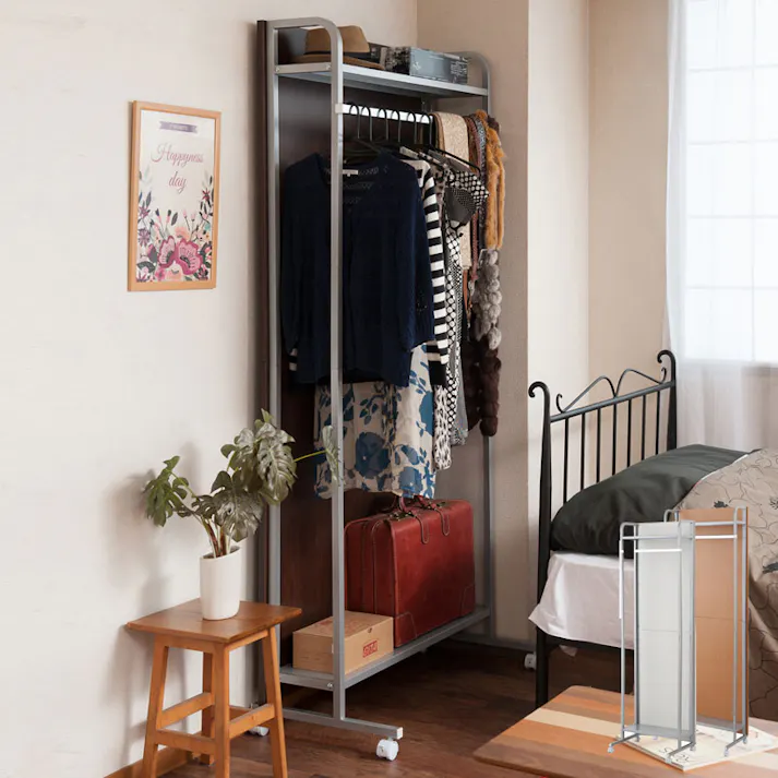 キャスター付きパーテーション幅60cm ハンガー+棚タイプ ダークブラウン 洋服ハンガー ワードローブ 洋服ラック 洋服かけ 洋服掛け クローゼット ハンガーラック おしゃれ ラダー ハンガー