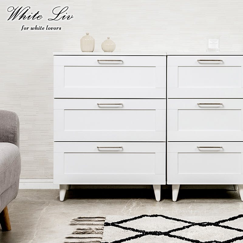 【WHITE LIV】使いやすい深さの枠組デザイン 3段 チェスト 全段スライドレール付き 幅60cm スリムチェストローチェスト チェスト ホワイト フレンチシャビー タンス 収納棚 ラック 木製 おしゃれ 衣類収納 たんす 引出し 引き出し 脚付き リビングボード 白