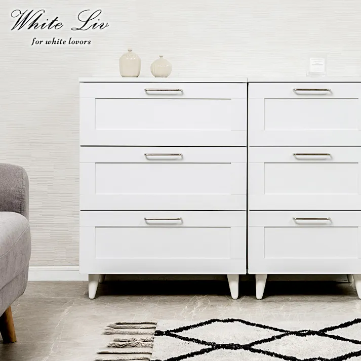 【WHITE LIV】使いやすい深さの枠組デザイン 3段 チェスト 全段スライドレール付き 幅60cm スリムチェストローチェスト チェスト ホワイト フレンチシャビー タンス 収納棚 ラック 木製 おしゃれ 衣類収納 たんす 引出し 引き出し 脚付き リビングボード 白