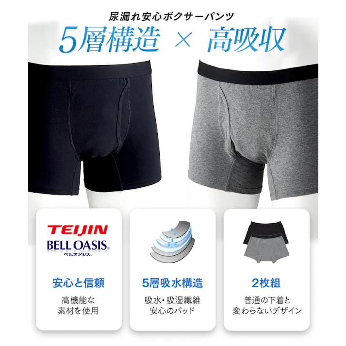 【6枚組】尿漏れ安心ボクサーパンツ【L】5層構造!高吸収! 黒&グレー 2枚×3セット テイジン ベルオアシス 失禁パンツ パッド 尿もれ 男性用 2枚組 軽失禁 下着 尿失禁 紳士 メンズ ちょい尿漏れ 介護下着 吸水 洗濯可能 高齢者 【送料込み】 #4989409087873