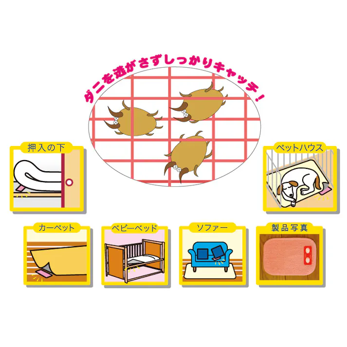 置くだけ簡単ダニシート【10枚組】 ダニを集めて捨てるだけ 誘引剤 強力粘着テープで捕獲 アレルギー 押入れ・タンス・敷布団・カーペット・こたつ・ぬいぐるみ ●殺虫剤不使用 1枚で効果約3ヶ月 適用面積:1畳程度 【送料込み】 #4571104509004 flife