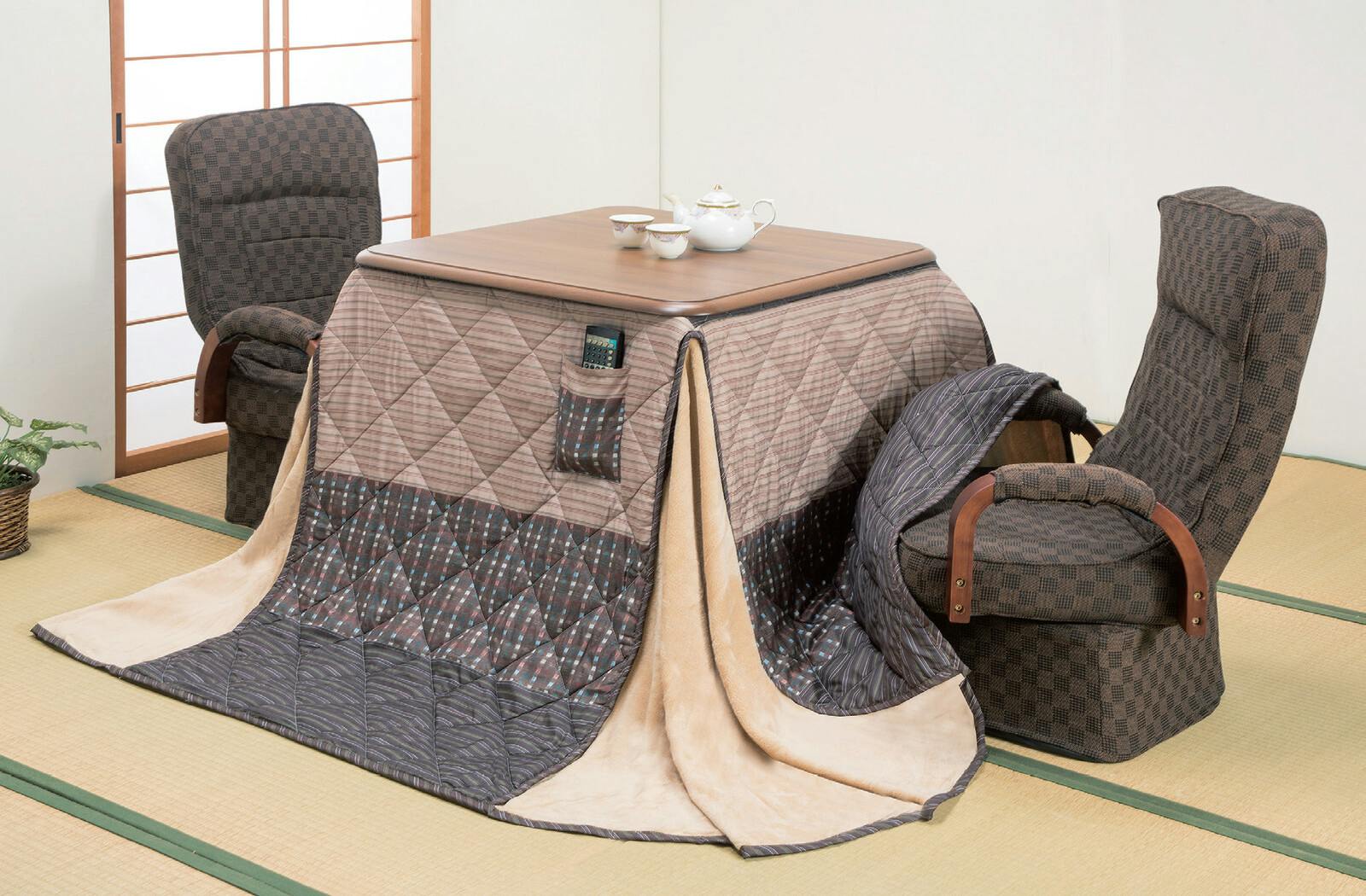 ハイタイプこたつ4点セット（こたつ本体・こたつ用掛布団・こたつ用高座椅子（2脚）　和室 洋室 ダイニングこたつ ダイニングテーブル 省スペース 高さ6段階調整 一部組立式 【送料込み】 ＃4589978836447 flife