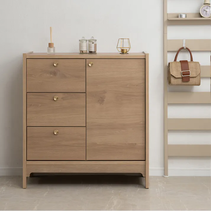 丸型の真鍮取っ手×優しい木目【OKU】シリーズ ナチュラル キャビネット 幅80cm 完成品 日本製 北欧 真鍮 A4 フルスライドレール リビングボード 大容量収納 ドレッサー リビング 一人暮らし 新生活 取っ手 引出し