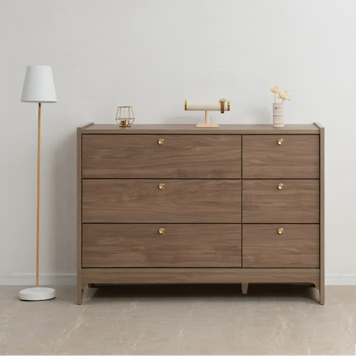 丸型の真鍮取っ手×優しい木目【OKU】シリーズ ブラウン チェスト 幅120cm 完成品 日本製 北欧 真鍮 フルスライドレール リビングボード 大容量収納 リビング 一人暮らし 新生活 取っ手 引出し 衣類収納 省スペース