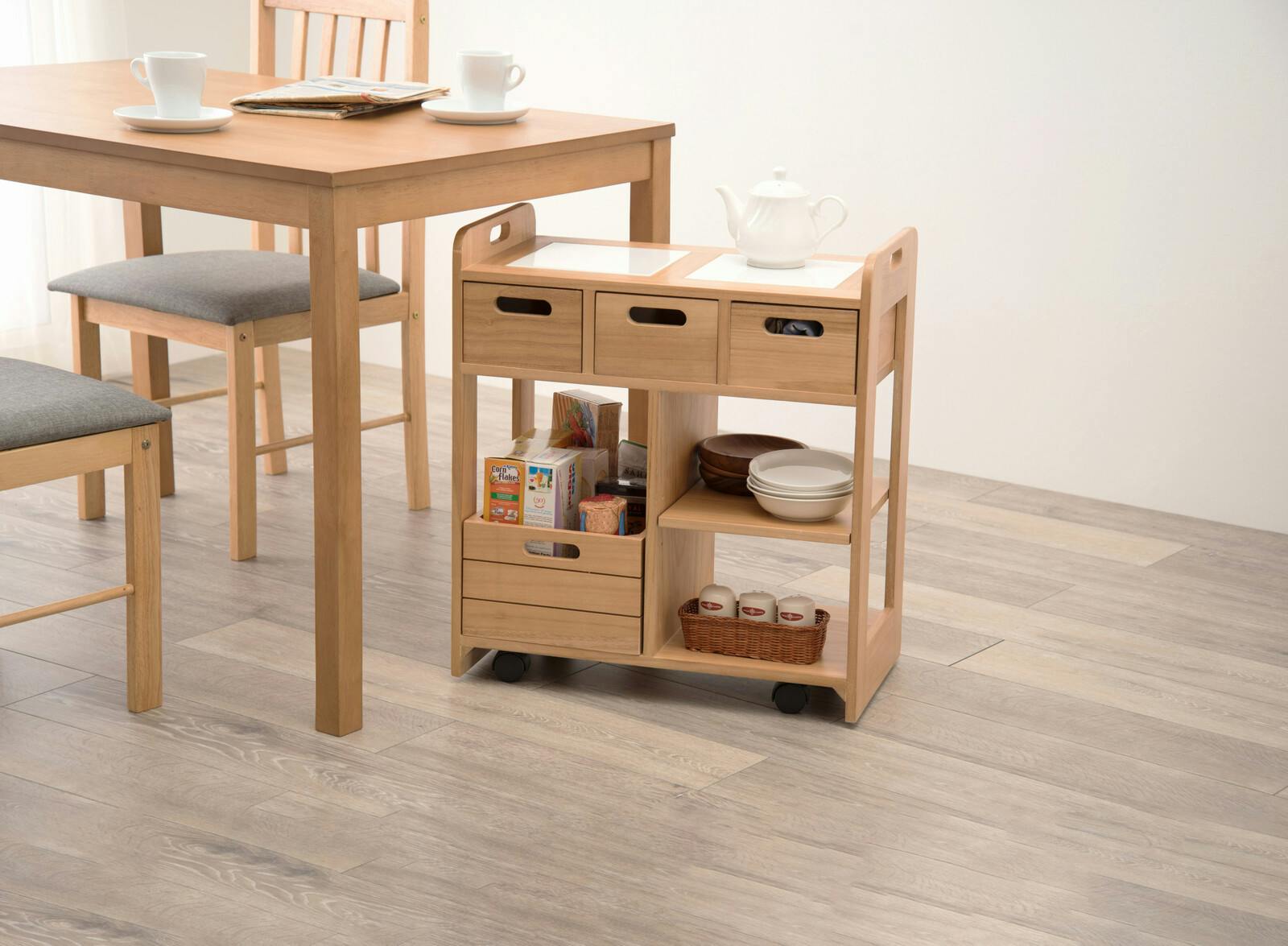 机下に収まる天然木キッチンワゴン ナチュラル 【送料込み