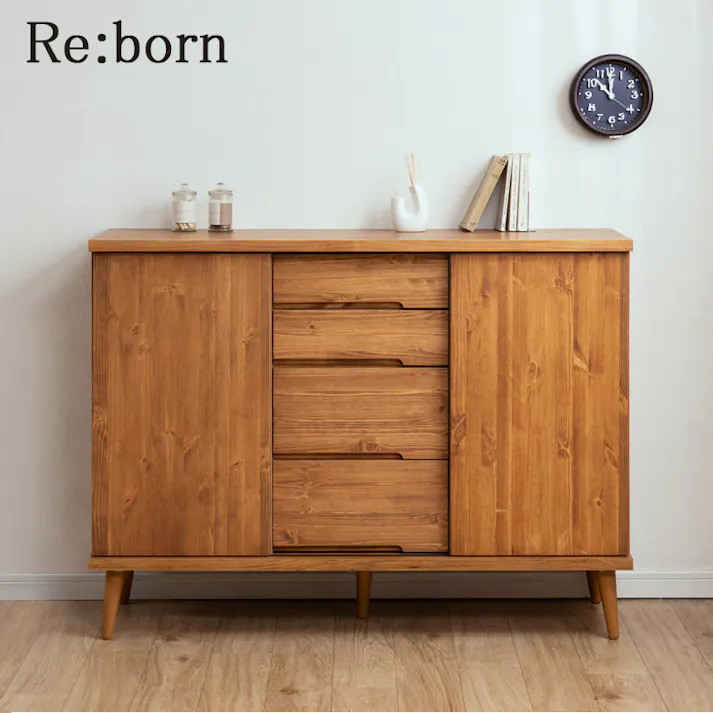 【Re:REBORN】 幅118 奥行42 高さ87.5 サイドボード ナチュラルヴィンテージ 日本製 完成品 大川家具 天然木 天然木パイン材 オイル塗装 ラバーウッド キャビネット 引戸 引き戸 引出し 引き出し A4 収納 スライドレール 書棚 棚