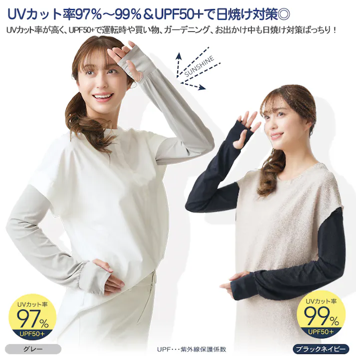【UV&クールやわらかフィットアームカバー ブラックネイビー お得な2枚セット】 ちあふる UVカット97%以上!手の甲から肩口までゆったり包み込むロング丈 接触冷感 UPF50+ 指先オープン スマホ対応 運転 ガーデニング JAN:4571414697774