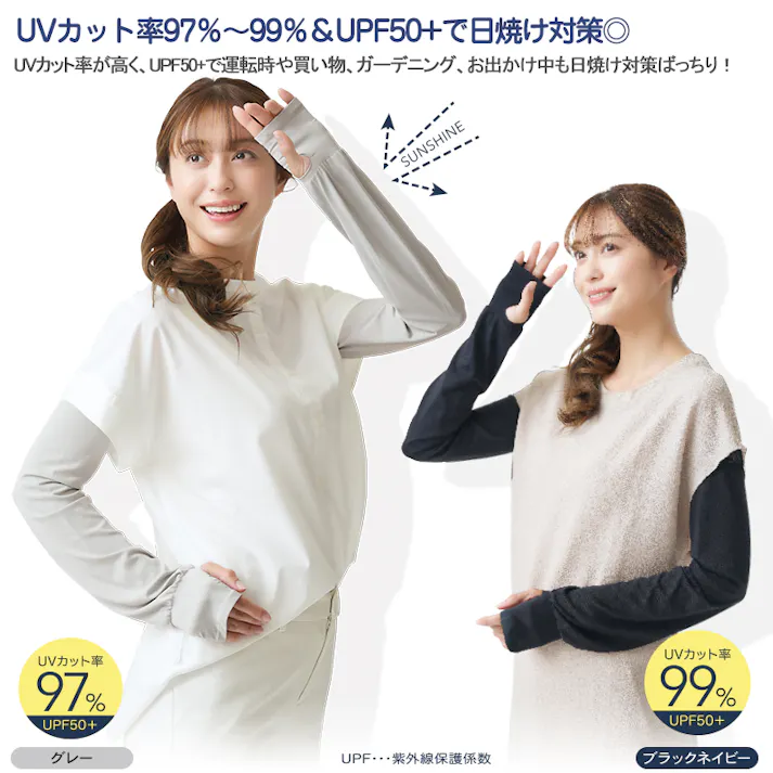 【UV&クールやわらかフィットアームカバー グレー お得な2枚セット】 ちあふる UVカット97%以上!手の甲から肩口までゆったり包み込むロング丈 接触冷感 UPF50+ 指先オープン スマホ対応 運転 ガーデニング JAN:4571414697781