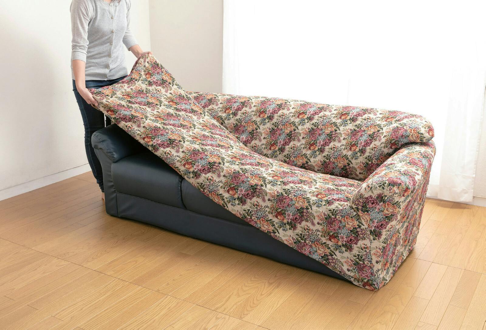 日本製 タテヨコ伸縮ソファカバー ブーケ柄 【肘無し】【2人掛用