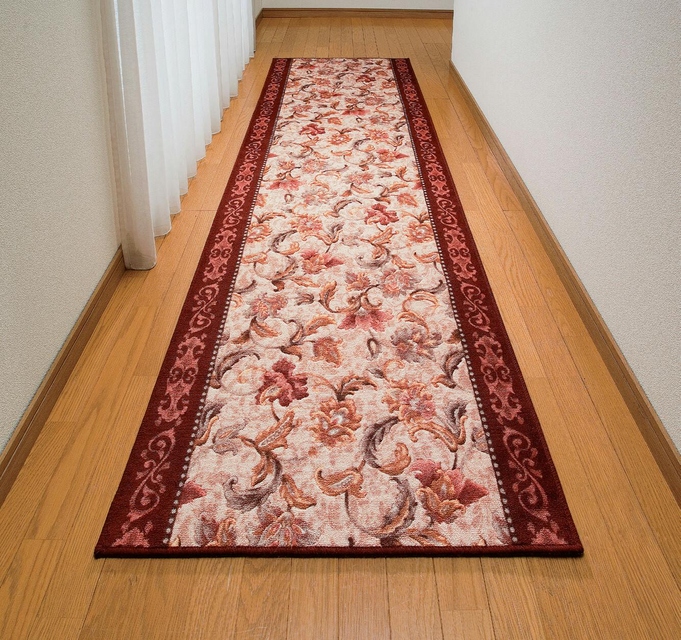 抗菌・防臭加工 オリエンタル更紗柄カービング廊下敷 【80×440cm】【エンジ】 【送料込み】 ＃4589978826844 flife