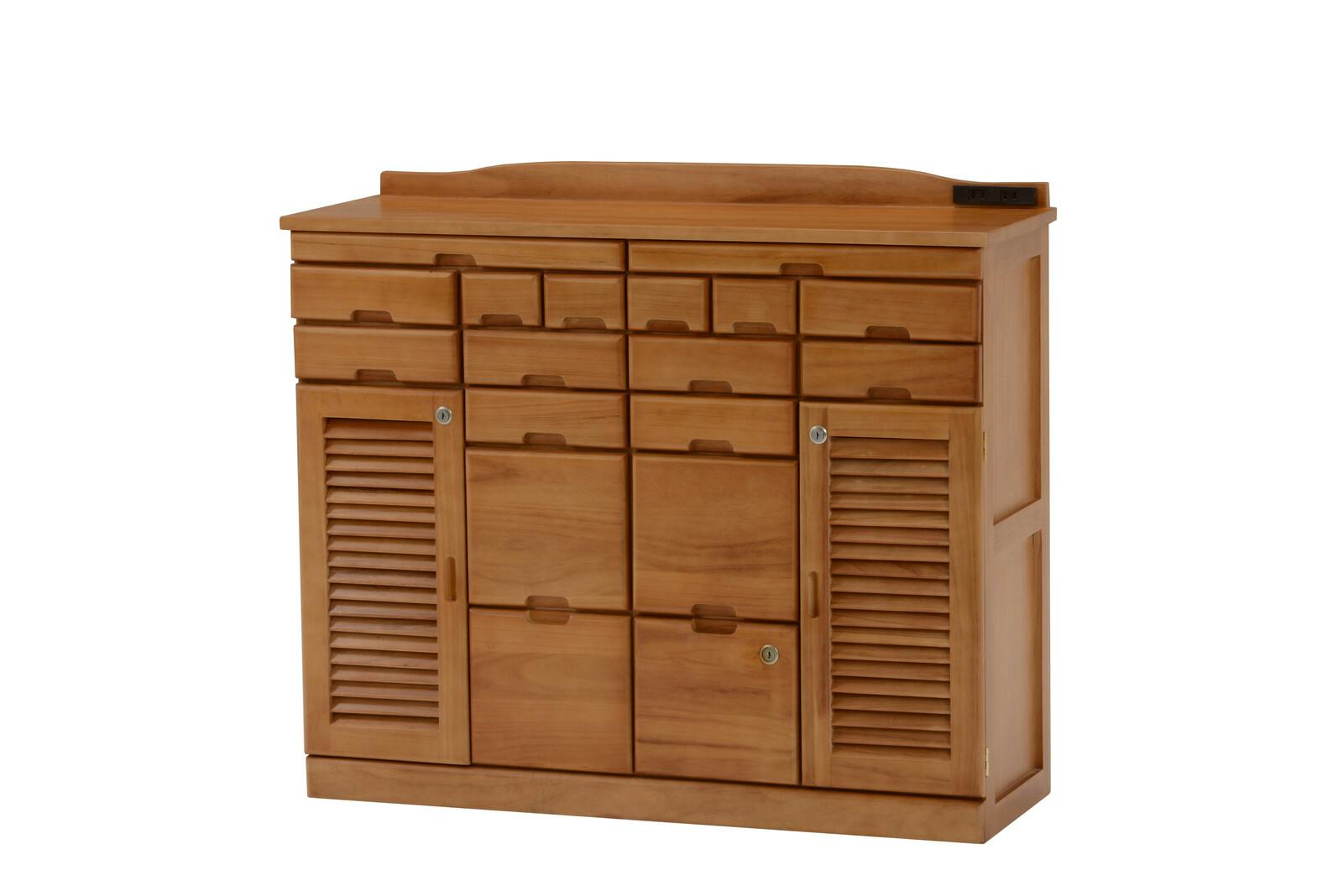 鍵付き引き出しいっぱいFAX台 コンセント付 天然木 【ライトブラウン